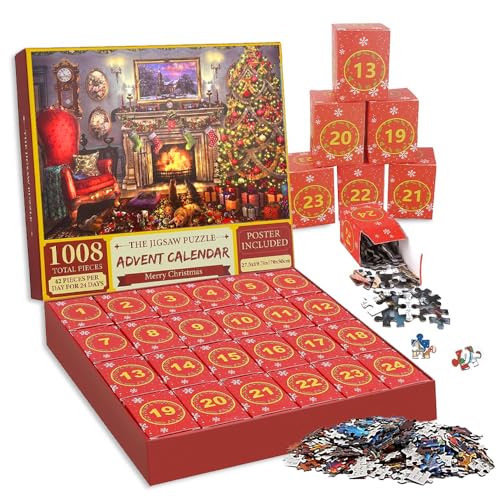 WDKXCN Adventskalender 2024 Puzzle, Adventskalender Puzzle, 1008 Teile Jigsaw Puzzles, 24 Boxen Puzzles für Countdown bis Weihnachten, Hausdekoration, Weihnachtsgeschenke für Erwachsene und Kinder von WDKXCN