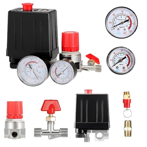 WDKXCN Druckregler Kompressor, 220V Druckschalter KompressoR, Kompressor Druckminderer mit Manometer, Regelventil und Sicherheitsventil, Luftkompressor Druckschalter 180 PSI(Schwarz) von WDKXCN