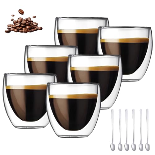 WDKXCN Latte Macchiato Gläser Doppelwandig, Espressotassen Set (6 x 80 ml) mit 6 Löffel, Espresso Gläser Doppelwandig, Espressogläser Set für Latte, Iced Americano, Milch, Bier von WDKXCN