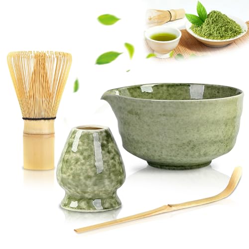 WDKXCN Matcha Besen Set, Macha Tea Set, Keramik Matcha Set Zubehör, Matcha Starter Set aus Matcha Schneebesen, Matcha Löffel, Matcha Schale mit Ausgießer und Matcha Besen Halter, 4-Teiliges (Grün A) WDKXCN Matcha Besen Set, Macha Tea Set, Keramik Matcha Set Zubehör, Matcha Starter Set aus Matcha Schneebesen, Matcha Löffel, Matcha Schale mit Ausgießer und Matcha Besen Halter, 4-Teiliges (Grün A) von WDKXCN