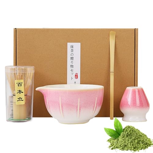 WDKXCN Matcha Besen Set, Macha Tea Set, Keramik Matcha Set Zubehör, Matcha Starter Set aus Matcha Schneebesen, Matcha Löffel, Matcha Schale mit Ausgießer und Matcha Besen Halter (RosaB) von WDKXCN