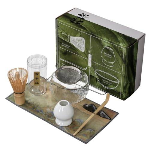 WDKXCN Matcha Besen Set, Macha Tea Set, Keramik Matcha Set Zubehör, Matcha Starter Set aus Matcha Schneebesen, Matcha Löffel, Matcha Schale mit Ausgießer und Matcha Besen Halter (Transparent) von WDKXCN