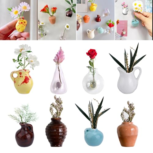 WDKXCN Mini Vase Magnet, 8 Stück Mini Vasen Magnete Kühlschrank, Cute Lustige Magnet, DIY Kleine Vase Geeignet, Funny 3D Plant Kühlschrank Magnete, Kühlschrankmagnet für Zuhause, Küche & Büro von WDKXCN