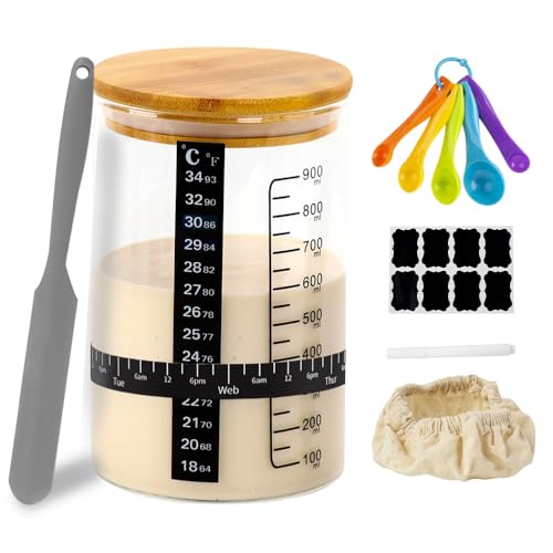 WDKXCN Sauerteig Starter Set, 900ml Sauerteig Glas, 9 Pcs Sourdough Starter Kit, mit Silikonspatel, Thermometerpapier, Datum Markiert Fütterung Band, Stoffabdeckung & Holzdeckel, Brot Backen Zubehör von WDKXCN