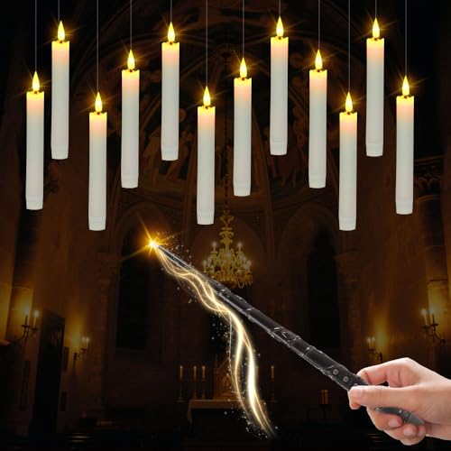 WDKXCN Schwebende Kerzen, 12 Stück Floating Candles mit Zeitgesteuerter Zauberstab, Fliegende Kerzen Flackernde Flammenlose, Hängende kerzen LED Schwimmende für Halloween Weihnachten Party Deko von WDKXCN