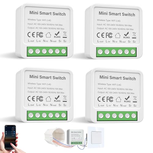 WDKXCN Smart Lichtschalter, 4 Stück Wlan Schalter, 2 Wege Smart Switch Kompatibel Alexa Echo, Google Home, Smart Life und Tuya, Passt Hinter Wandschalter, Neutralleiter Erforderlich von WDKXCN