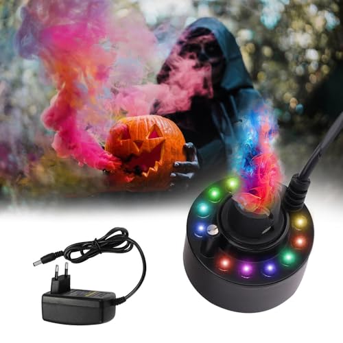 WDKXCN Ultraschall Vernebler, Ultraschall Nebler, Nebelmaschine Mini mit 12 Led Bunten Lichtern, Ultraschall Zerstäuber für Brunnen, Garten, Halloween Pumpkin und Hexentop, Eu-Stecker (Schwarz) von WDKXCN