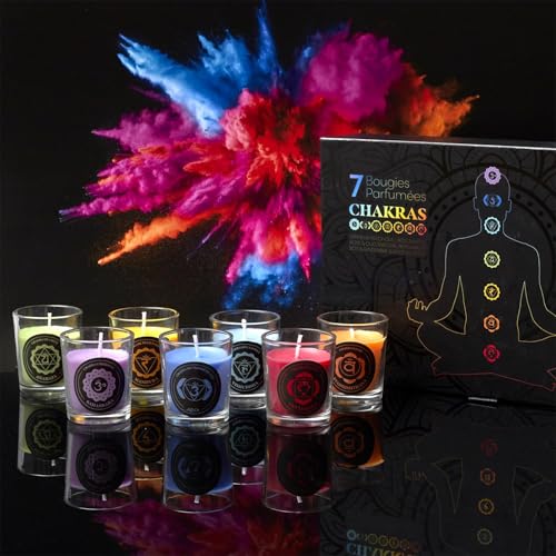 Meditations-Duftkerzen-Set – 7 Luxuskerzen in einer Geschenkbox – Duftkerzen für Yoga, Entspannung & Achtsamkeit – Chakra-Geschenk – Mehrfarbig – Duftkerzen-Geschenkset – Verschiedene Farben von WDMT