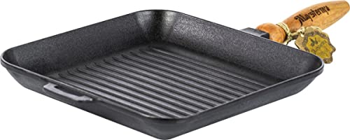 Maysternya Grillpfanne aus Gusseisen mit Holzgriff – 28 x 28 x 4 cm – Steakpfanne – Grillen – Gusseisenpfanne für alle Wärmequellen – Kochen – Pfannenset – PFAS-frei – Schwarz von Maysternya