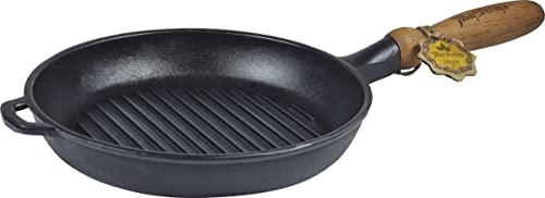 Maysternya Gusseisen-Grillpfanne mit Holzgriff – ø 24 x 4 cm – Induktion – Universal-Kochpfanne – Kochen auf offenem Feuer – Gusseisen – Küchengeschenk – PFAS-frei – Schwarz von Maysternya