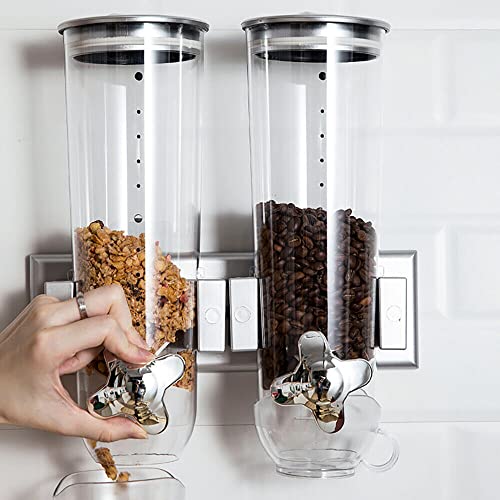 WDRENTOOL Müslispender, 3L Doppelbonbonspender, 2er-Pack, Müslispender, Wandmontage Cerealienspender Doppelt Trockene Lebensmittel Spender Küchenspender (Silber) von WDRENTOOL