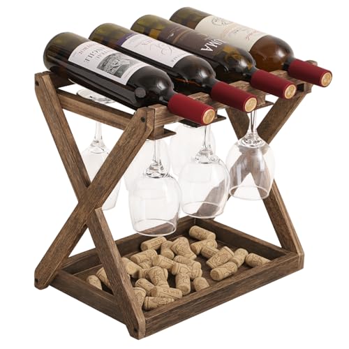 WDSHIYI Weinregale mit Glashalter, für 4 Flaschen und 6 Stielgläser, Rustikales Holz Weinflaschenhalter für Küche, Wohnzimmer, Weinkeller von WDSHIYI