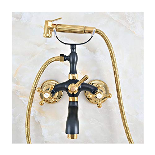 Badewannenarmatur Mit Kalt- Und Warmwasser, An Der Wand Montierte Badewannen-Duscharmatur Aus Messing, Badewannenarmatur-Set Mit Zwei Griffen, Mit Bidet-Sprühkopf, Badewannenauslauf, Gold Und Schwarz Badewannenarmatur Mit Kalt- Und Warmwasser, An Der Wand Montierte Badewannen-Duscharmatur Aus Messing, Badewannenarmatur-Set Mit Zwei Griffen, Mit Bidet-Sprühkopf, Badewannenauslauf, Gold Und Schwarz von WDSOPK