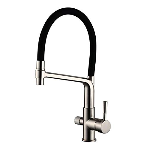 Ornaments Küchenarmaturen 3-Wege-Mischbatterie Für Die Küchenspüle, Messing, Heißes Und Kaltes Reines Wasser, Doppelfunktion, 360 ° Drehbar, Direktes Trinken, Küche (Gebürstetes Nickel-A) von WDSOPK