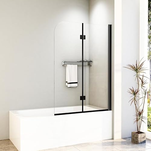 Duschwand für Badewanne 100x140cm 2-Teilig Faltbar Badewannenaufsatz, Duschabtrennung 180° Faltwand, Duschtrennwand aus 6mm NANO Sicherheitsglas, Badewannenfaltwand in Schwarz Alu von WDWRITTI