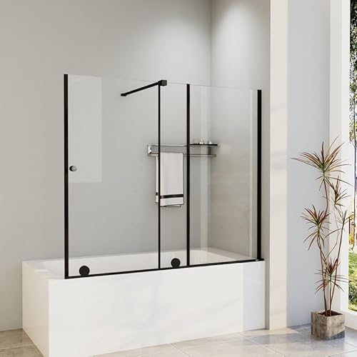 Duschwand für Badewanne 125x120cm 2-Teilig Schiebetür Badewannenaufsatz, Schiebetüren Breite von 70 bis 125 cm, Duschtrennwand aus 6mm ESG Sicherheitsglas, Duschabtrennung in Schwarz Alu von WDWRITTI