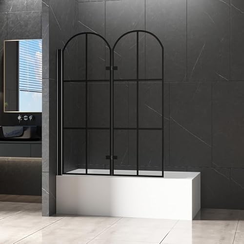 WDWRITTI 2-Teilig Duschwand für Badewanne 120x140cm Faltbar Bogen Badewannenaufsatz, Schwarz Duschabtrennung Duschtrennwand mit 6mm ESG Sicherheitsglas, Bogen Faltwand für Badewanne von WDWRITTI