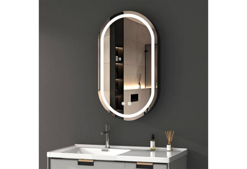 WDWRITTI Badezimmerspiegelschrank Oval Spiegelschrank Schwarz mit Beleuchtung Kalt/Warm/Neutral Licht (LED Badschrank hängend, Rund Bogen 40x70cm) Stahlblechregale, vormontiert geliefert, mit Netzadapter von WDWRITTI
