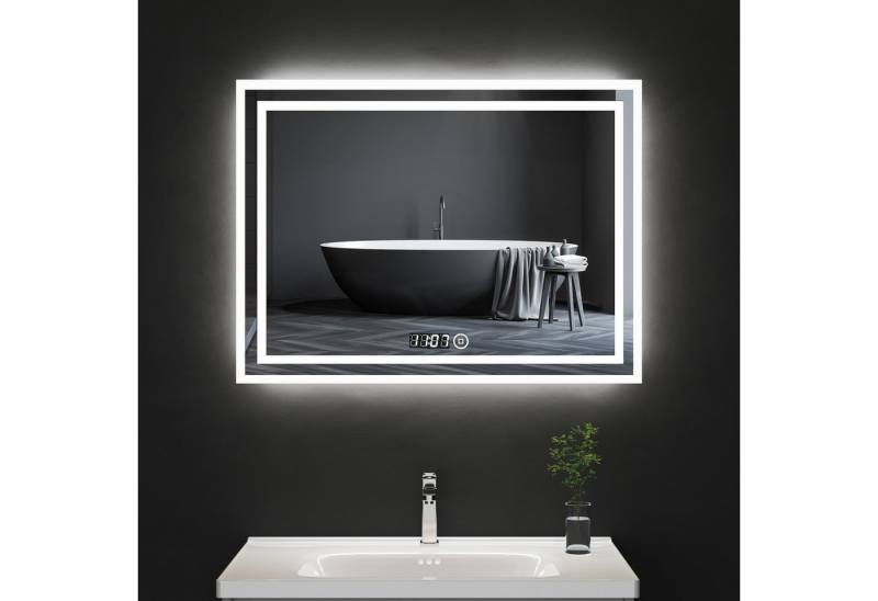 WDWRITTI Badspiegel 5 in 1 80x60 LED Badspiegel mit Beleuchtung & Uhr 3000-6500K Dimmbar (LED Badezimmerspiegel, Wandschalter, Touch), Energiesparend, IP44 von WDWRITTI