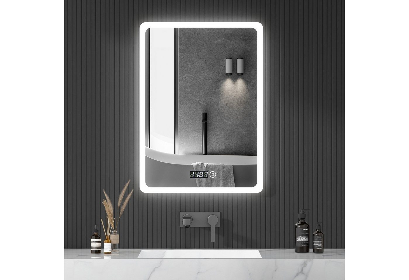 WDWRITTI Badspiegel Badezimmerspiegel mit Beleuchtung Wandspiegel Led Touch Wandschalter (Spiegel Bad, 3Lichtfarben, Helligkeit dimmbar, Memory), 3000K/4000K/6500K, IP44 von WDWRITTI