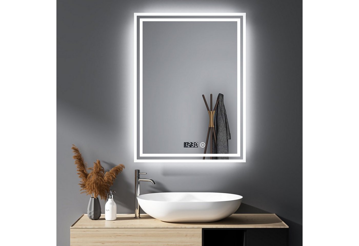 WDWRITTI Badspiegel LED 50x70 mit Uhr Spiegel Wandspiegel mit beleuchtung (LED-Lichtspiegel, 3Lichtfarben, Dimmbar, Speicherfunktion), Touch, Wandschalter von WDWRITTI
