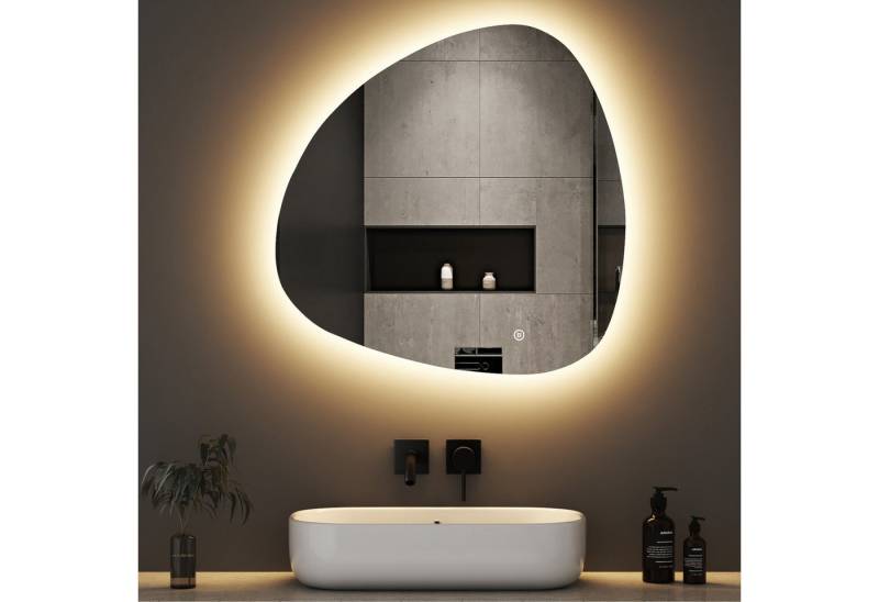 WDWRITTI Badspiegel LED Badezimmerspigel mit Beleuchtung Kalt/Neutral/Warmweiß (Wandspiegel Asymmetrisch Steinform, 80x80cm), Kalt/Neutral/Warmweiß, Dimmbar, Speicherfunktion von WDWRITTI
