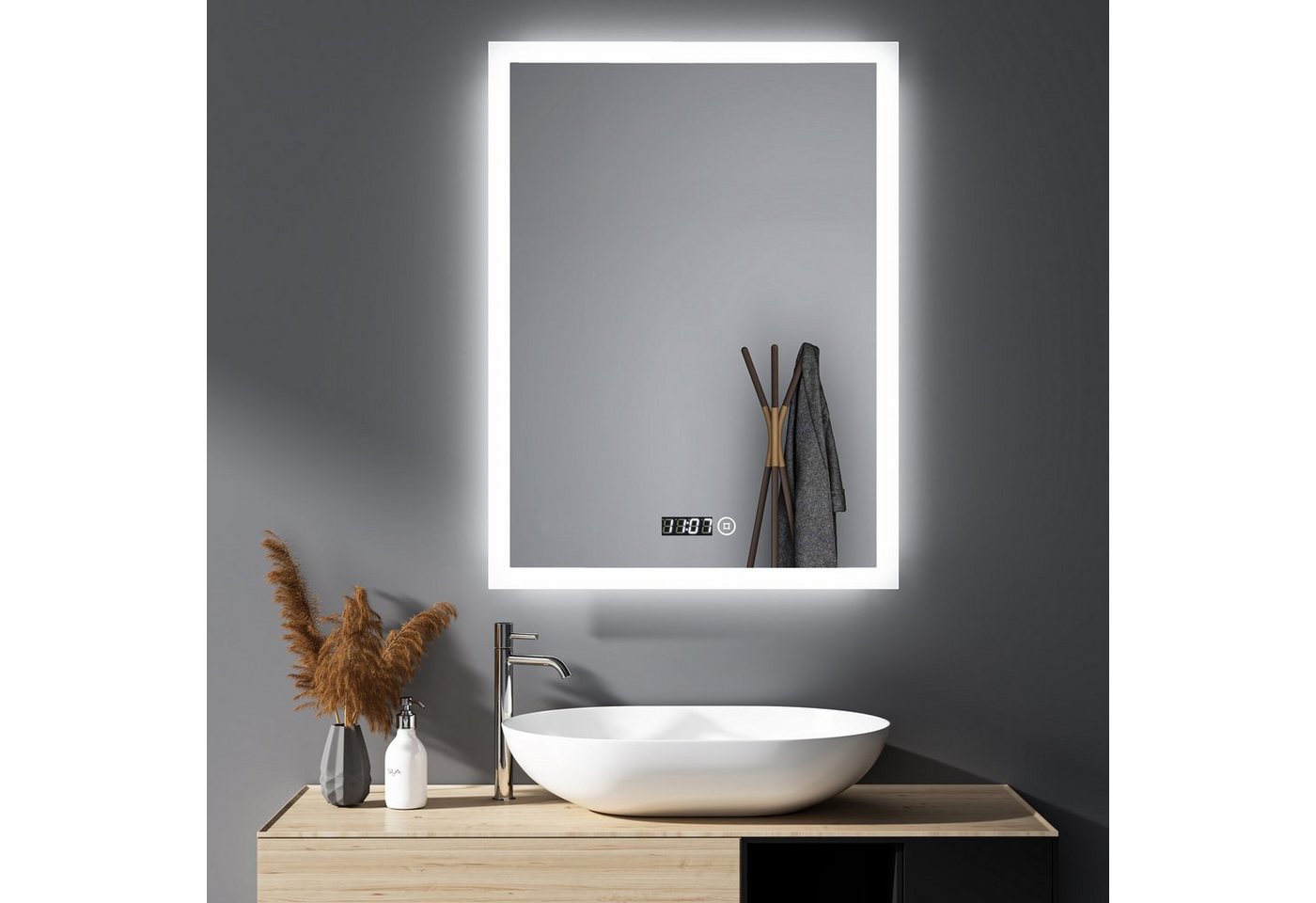 WDWRITTI Badspiegel LED Badspiegel Touch 50x70 Dimmbar Uhr Spiegel Bad mit beleuchtung (Wandspiegel 3Lichtfarben, Kaltweiß/Neutral/Warmweiß), Memory Funktion von WDWRITTI