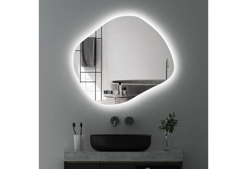 WDWRITTI Badspiegel LED Spiegel Badspiegel mit Beleuchtung und Uhr (Asymmetrisch Spiegel Steinform, 74x64cm), Energiesparend, IP44 von WDWRITTI