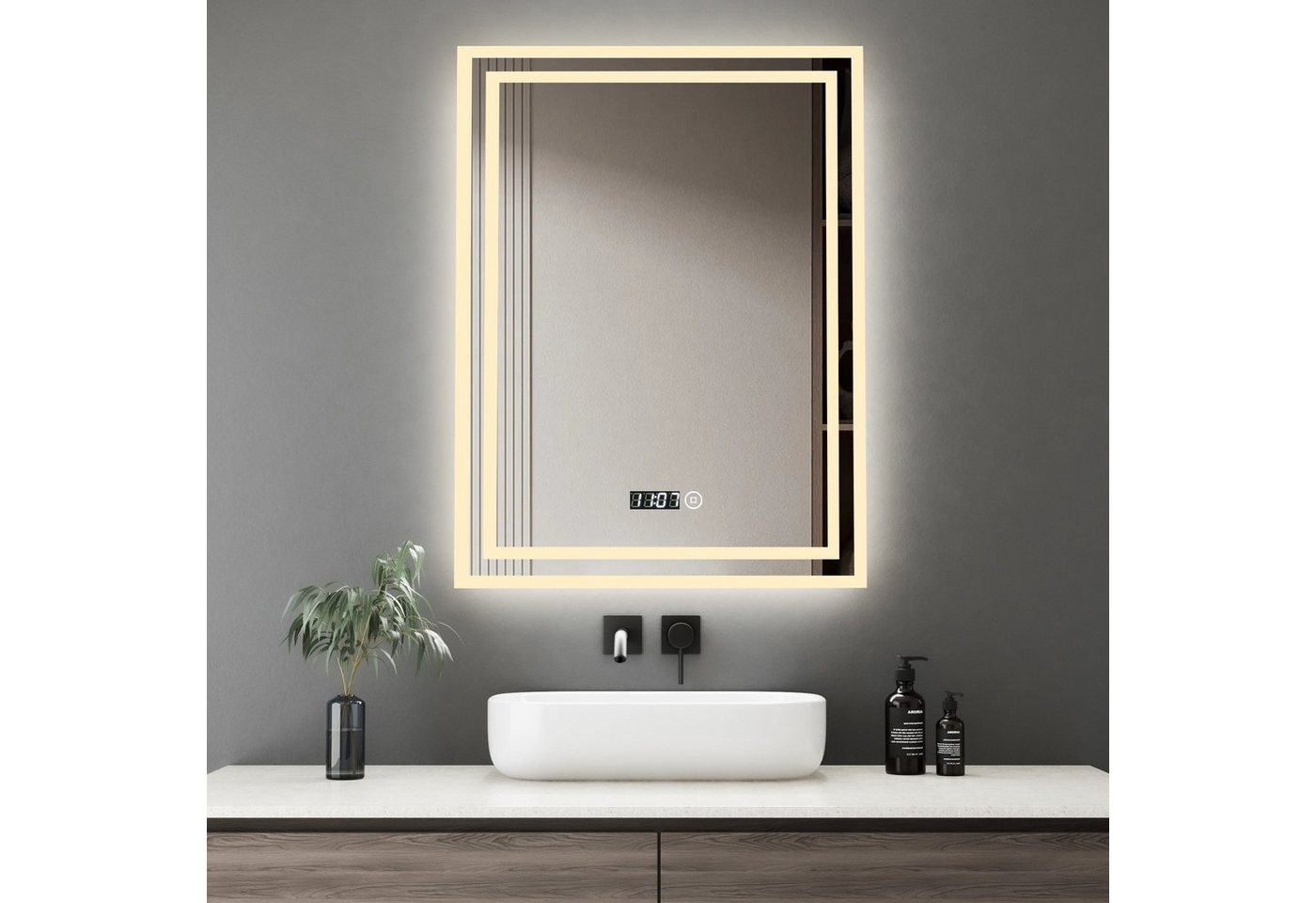 WDWRITTI Badspiegel LED mit Uhr 50x70 Spiegel Wandspiegel mit beleuchtung Touch (Lichtspiegel, Kaltweiß/Neutral/Warmweiß, Dimmbar), Speicherfunktion, IP44 von WDWRITTI