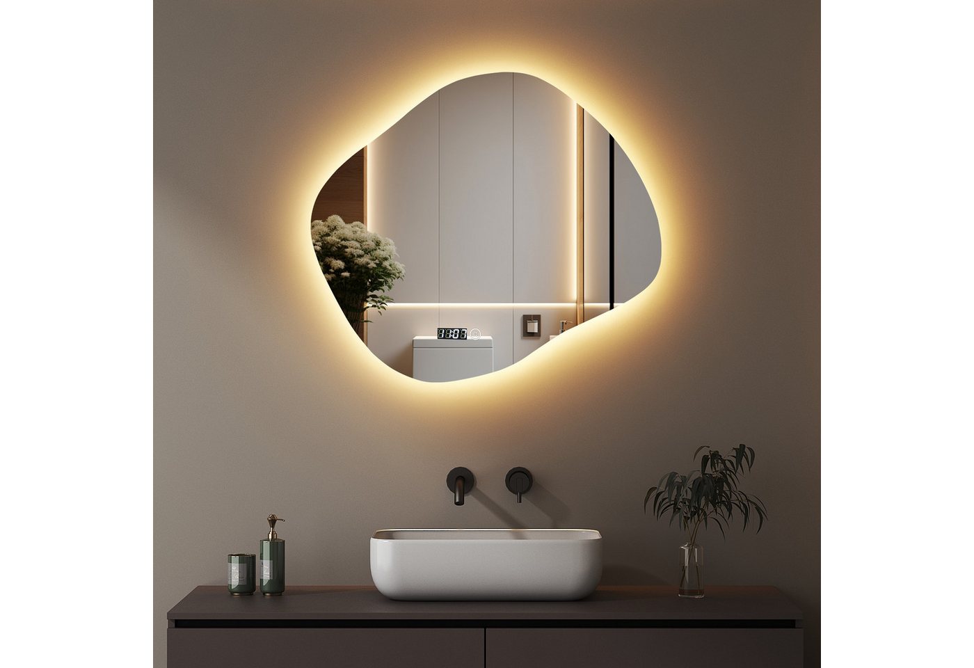 WDWRITTI Badspiegel Led 50x70 80x60 100x60 Touch Uhr dimmbar Spiegel Bad mit beleuchtung (Badezimmerspiegel Wandspiegel, Speicherfunktion, Helligkeit dimmbar, Wandschalter), Warmweiß, Neutralweiß, Kaltweiß, Energiesparend von WDWRITTI