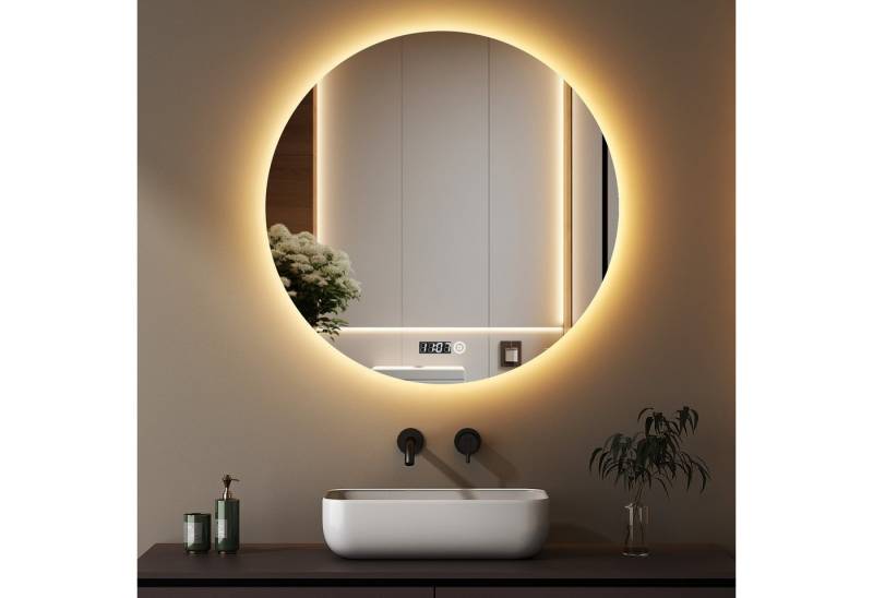 WDWRITTI Badspiegel Rund 80cm mit Uhr und Beleuchtung LED Spiegel Bad groß (Rundspiegel 80x80cm, 3Lichtmodi, Dimmbar, Speicherfunktion, Touch), LED Kosmetikspiegel von WDWRITTI