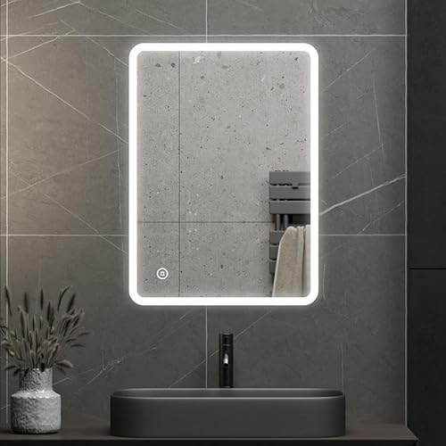 WDWRITTI Badspiegel mit Beleuchtung 40x60cm LED Badezimmerspiegel, 3 Lichtfarbe Dimmbare 3000-6500K Kosmetikspiegel mit Beleuchtet für Bad, Schlaf-, Wohn-, LED Spiegel mit Touch Schalter von WDWRITTI