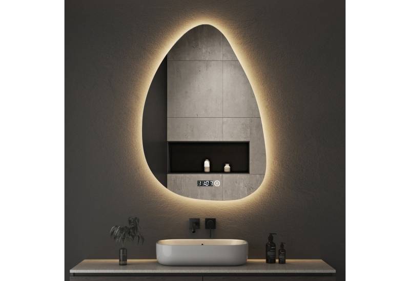 WDWRITTI Badspiegel mit beleuchtung und Uhr LED Spiegel Bad 3Lichtmodi Dimmbar (Design Badezimmerspiegel Wassertropfen, 55x80cm), Speicherfunktion, Touch /Wandschalter von WDWRITTI