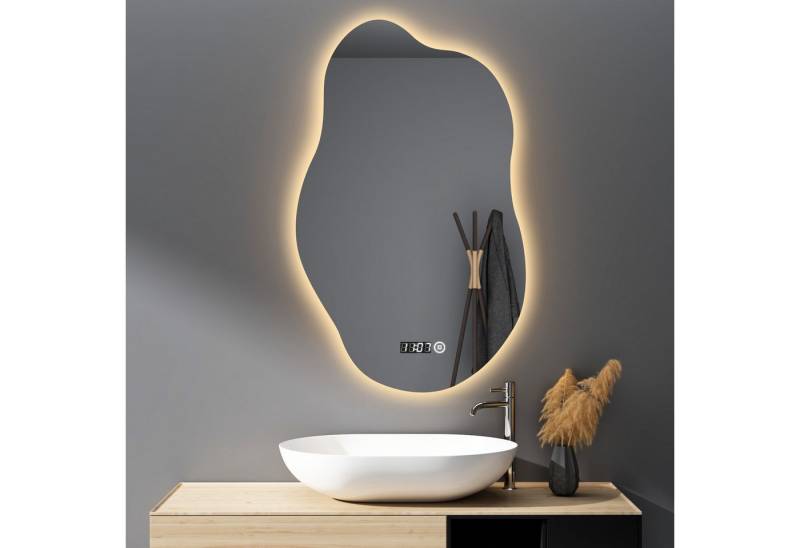 WDWRITTI Badspiegel mit beleuchtung und Uhr LED Spiegel Bad 3Lichtmodi Dimmbar (Design Badezimmerspiegel Wolke, 52x85cm), Speicherfunktion, Touch /Wandschalter von WDWRITTI