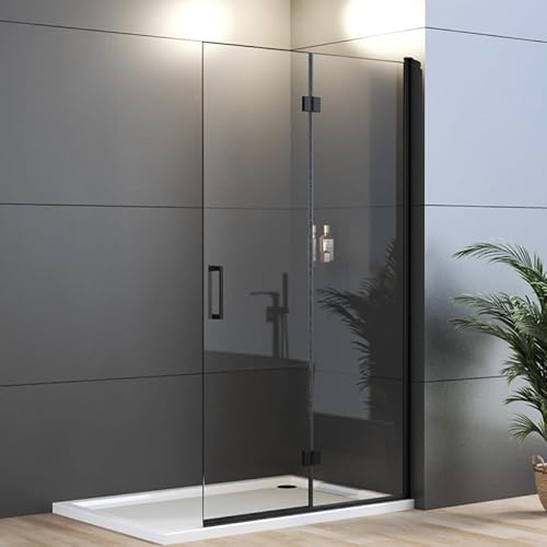 WDWRITTI Duschkabine Walk-in Eckeinstieg Dusche 90x195cm Falttür 180º Duschwand Schwarz Duschabtrennung mit 6mm ESG NANO Glas, ohne Duschtasse von WDWRITTI