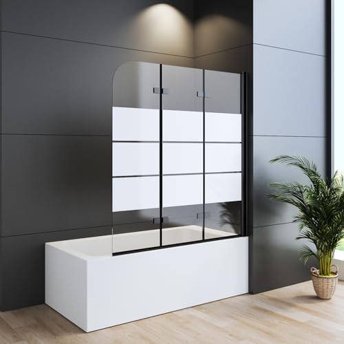 WDWRITTI Duschwand für Badewanne 120x140cm Faltbar 3-teilig Schwarz, Gestreift Badewannenaufsatz Duschtrennwand aus 6mm ESG Sicherheitsglas, Duschabtrennung für Badewanne von WDWRITTI