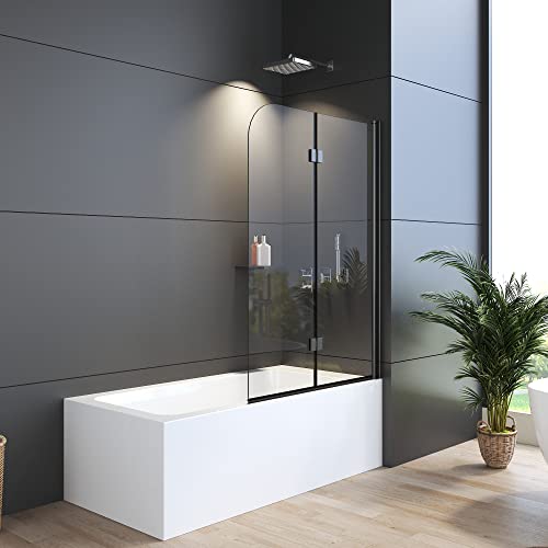 WDWRITTI Duschwand für Badewanne 120 x 140 cm Faltbar 2-teilig, Schwarz Duschtrennwand aus 6mm ESG Sicherheitsglas mit Nano Beschichtung, Duschabtrennung für Badewanne von WDWRITTI