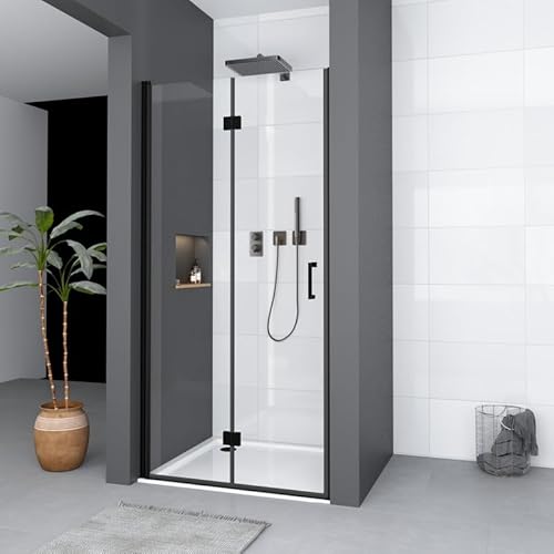 WDWRITTI Falttür Duschtür 90cm Nischentür Duschabtrennung, Faltbar Duschwand aus 6mm NANO Sicherheitsglas, Schwarz Duschkabine in Nische Höhe 195cm von WDWRITTI