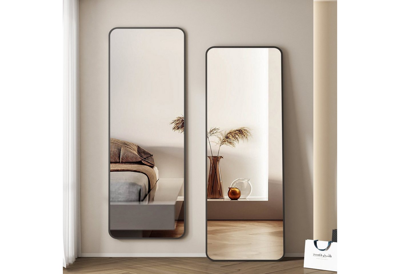 WDWRITTI Ganzkörperspiegel 150x50 rechteckig Standspiegel Wandspiegel groß Schwarz (Flurspiegel modern, 5mm HD Spiegel, mit Metall Alu Rahmen), 4 Installationsmethoden von WDWRITTI