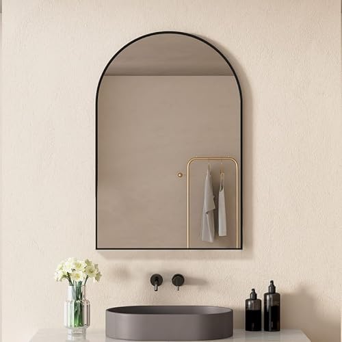 WDWRITTI Halbrund Spiegel 60 x 80 cm Wandspiegel mit Metallrahmen, Modern Wandmontage Halbrund Schminkspiegel für Badezimmer, Schlafzimmer, Wohnzimmer, Ankleidezimmer, Flur(Schwarz) von WDWRITTI