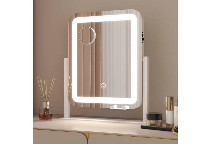 WDWRITTI Kosmetikspiegel 10x Lupe Schminkspiegel mit licht & Handyhalterung & USB-Ladeanschluss (Tischspiegel, 3Lichtmodi, Dimmbar, Speicherfunktion, Touch), 360° Drehbar, mit Netzadapter von WDWRITTI