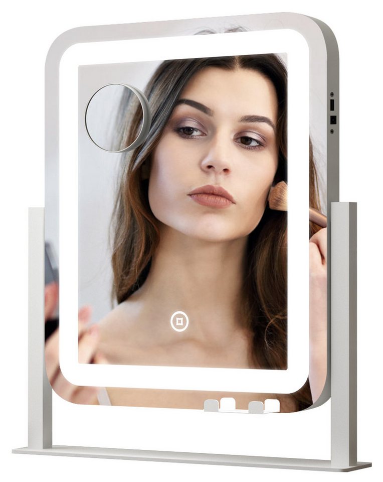 WDWRITTI Kosmetikspiegel mit beleuchtung, 10x Lupe, Handyhalterung LED Schminkspiegel (Tischspiegel mit USB-Ladeanschluss, 3Lichtmodi+Dimmbar+Memory), 360° Drehbar, mit Netzadapter von WDWRITTI
