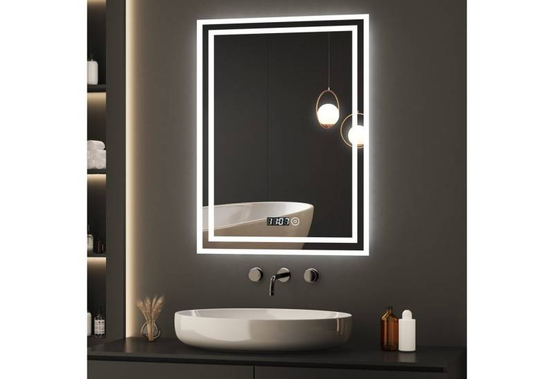 WDWRITTI LED-Lichtspiegel LED Badspiegel mit Uhr Touch 50x70 (Wandspiegel mit Beleuchtung Speicherfunktion, Helligkeit Dimmbar), Kaltweiß-6500K, Neutral-4000K, Warmweiß-3000K von WDWRITTI