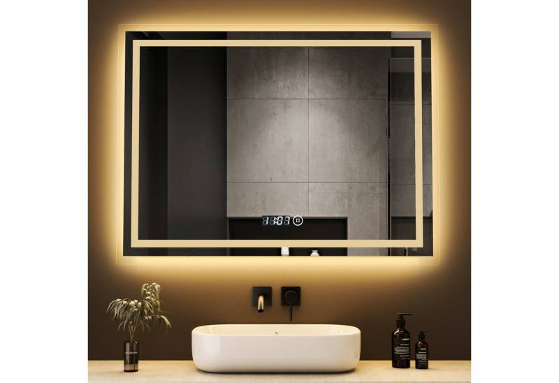 WDWRITTI LED-Lichtspiegel LED Badspiegel mit uhrzeit 80x60 Wandspiegel mit beleuchtung Touch (Spiegel, Dimmbar, 3Lichtfarben), Speicherfunktion, IP44 von WDWRITTI