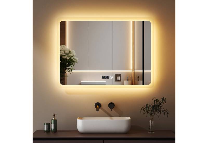 WDWRITTI LED-Lichtspiegel LED Badspiegel mit uhrzeit 80x60 Wandspiegel mit beleuchtung Touch (Spiegel, Dimmbar, 3Lichtfarben), Speicherfunktion, IP44 von WDWRITTI