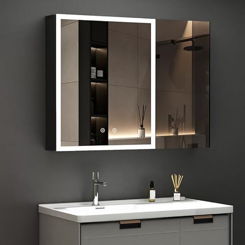 WDWRITTI LED Spiegelschrank Linke Seite mit Beleuchtung 60x80x12,5cm Badezimmerschrank, Bad Metall Badschrank Medizinschrank Spiegel Kabinett mit 3-Farben Dimmbar, Touch, Beschlagfrei von WDWRITTI