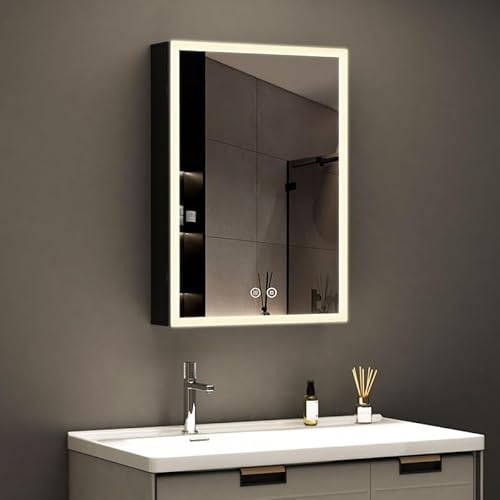 WDWRITTI LED Spiegelschrank mit Beleuchtung 40x60x13cm Badezimmerschrank, Bad Metall Badschrank Medizinschrank Spiegel Kabinett mit 3-Farben Dimmbar, Beschlagfrei, 2 Glasablage, Steckdose von WDWRITTI