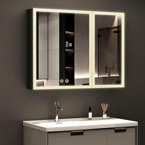 WDWRITTI LED Spiegelschrank mit Beleuchtung 60x80x12,5cm Badezimmerschrank, Bad Metall Badschrank Medizinschrank Spiegel Kabinett mit 3-Farben Dimmbar, Touch, Beschlagfrei von WDWRITTI