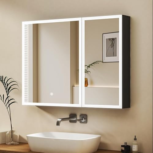 WDWRITTI LED Spiegelschrank mit Beleuchtung 60x80x12,5cm Badezimmerschrank, Medizinschrank Bad Metall Badschrank Spiegel Kabinett mit 3-Farben Dimmbar von WDWRITTI