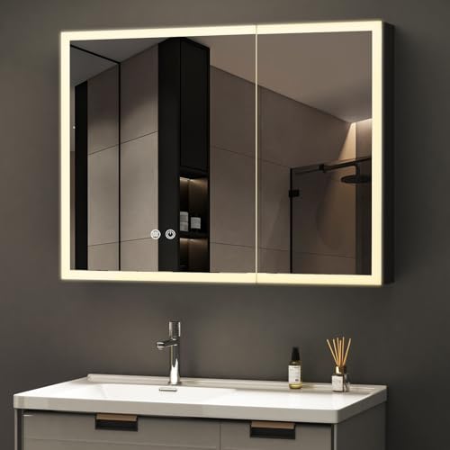 WDWRITTI LED Spiegelschrank mit Beleuchtung 60x80x13cm Badezimmerschrank, Bad Metall Badschrank Medizinschrank Spiegel Kabinett mit 3-Farben Dimmbar, Beschlagfrei, 2 Glasablage, Steckdose von WDWRITTI